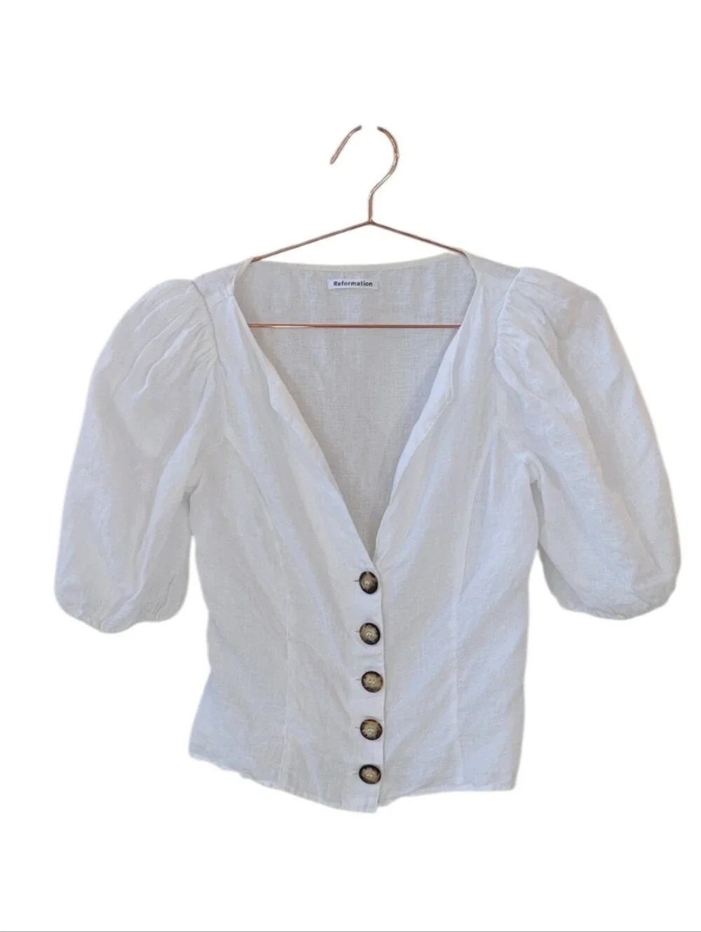 REFORMATION White Puff Sleeve Button Front Linen Top Size XS